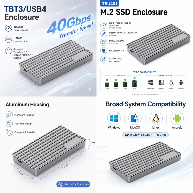 Usb4 40Gbps External Ssd 8Tb - AP01 알루미늄 M.2 NVMe SSD 인클로저